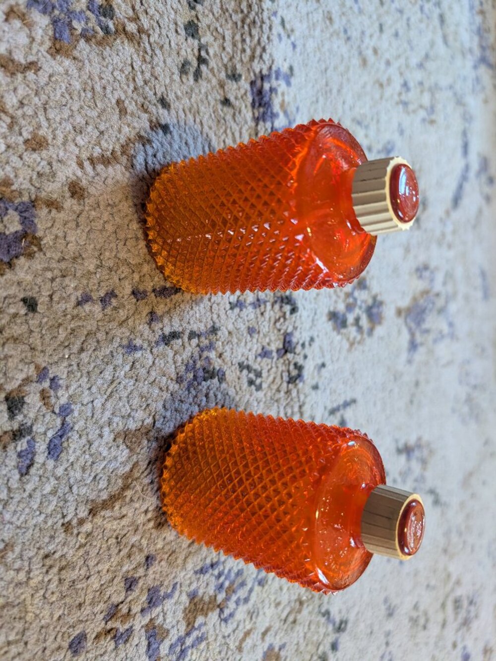 2 Vtg Faroy Orange Amberina Diamond Point Votive Peg Candle Holders 1970s MCM